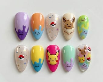 Handmade Kawaii Monster Press On Nails | Cute 3D Pikachu & Eevee Inspired Art | Pastel Drippy Anime Custom Nails Set