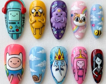 Presse de personnage de dessin animé sur les ongles | Jake Jake Lumpy Space Princess BMO inspiré de l'aventure 3D, mignon ensemble d'ongles colorés