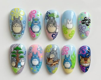 Handmade Kawaii Anime Press On Nails | Cute Forest Creature & Cat Art | Pastel Blue Pink Whimsical Custom Nails Set