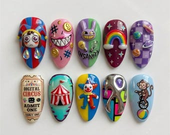 Handmade Fantasy Circus Press On Nails | Luxury 3D Carnival Character Nail Art | Cute Colorful Custom Nails Set