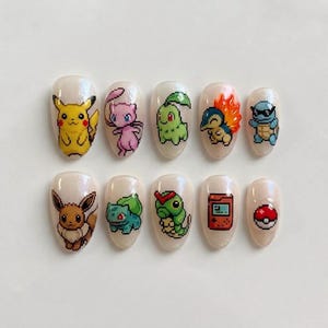 Handmade Retro Pixel Press On Nails | Luxury 8 Bit Monster & Game Console Art | Gamer Custom Nails Set