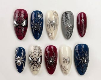 Handmade Spider Web Press On Nails | Luxury Metallic Spider Art Design | Gothic Burgundy Custom Nails Set