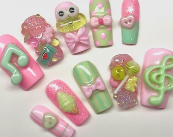 Handmade Kawaii Candy Melody Press On Nails | 3D Bow & Lollipop Design | Pastel Pink Mint Green Y2K Cute Nail Set