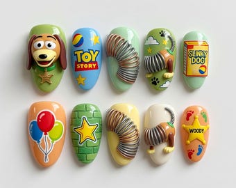 Handmade Kawaii Toy Press On Nails | Luxury 3D Spring Puppy & Balloon Charm Art | Cute Playroom Custom Nails Set