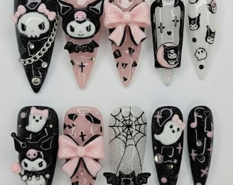 Presse sur les ongles inspirée de Kuromi fait main, ongles gothiques roses noirs de l'an 2000, faux ongles 3D coeur diable, style anime mignon colle sur les ongles