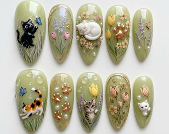 Cute Cat Press On Nails | 3D Kawaii Kitten Nails | Olive Green Floral Nails | Botanical Garden Nails | Handmade Gift for Her