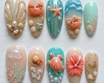 Presse sur les ongles de plage d'été | océan 3D avec crabe, tortue, étoiles de mer et coquillages | Ensemble d'ongles de vacances mignons