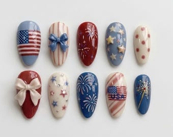 Ongles de fête faits main aux États-Unis | Nail Art Noeud Feu d'artifice & Drapeau Coquette | Ongles de vacances d'été