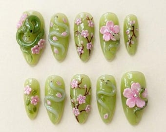 Handmade 3D Green Snake Press On Nails, Pink Sakura Cherry Blossom, Matcha Sage Floral Art, Cottagecore Secret Garden Aesthetic