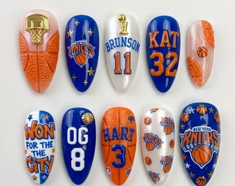 Handmade NBA Knicks Press On Nails | Luxury Brunson Hart KAT Inspired Artwork | Blue Orange Custom Nails Set