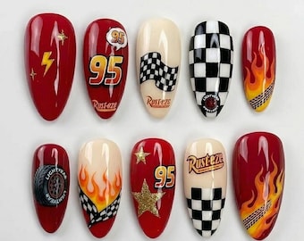 Handmade Racing Inspired Press On Nails | Checkered Flag & Flame Art | Red Speedway Almond Nail Set