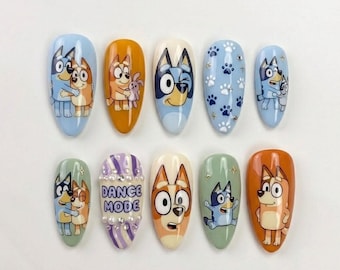 Handmade Blue Puppy Inspired Press On Nails | Luxury Cute Cartoon Family Nail Art | Pastel Character Custom Nails Set