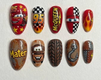 Handmade Lightning Inspired Racing Press On Nails | Luxury Checkered Flag & Flame Art | Speed Custom Nails Set