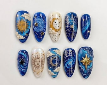 Handmade Celestial Press On Nails | Luxury Sun Moon & Zodiac Constellation Art | Cosmic Blue Custom Nails Set