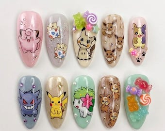 Handmade Kawaii Cartoon Press On Nails | Cute 3D Character, Candy & Pastel Art | Whimsical Collectible Custom Nails Set
