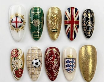 Handmade England Football Press On Nails | World Cup Trophy, Three Lions & Union Jack Art | Luxury Gold Sport Set