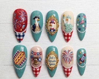 Uñas postizas hechas a mano con diseño de ganso patriótico / Arte 3D de ganso de la libertad y fuegos artificiales / Set de uñas almendradas estilo retro americano