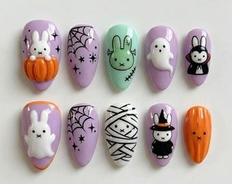 Handmade Kawaii Halloween Press On Nails | Cute 3D Ghost, Pumpkin & Witch Art | Pastel Purple Spooky Custom Nails Set