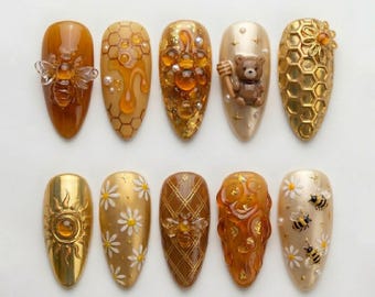 Handmade Honey Bee Press On Nails | 3D Honeycomb & Teddy Bear Nail Art | Golden Amber Almond Set