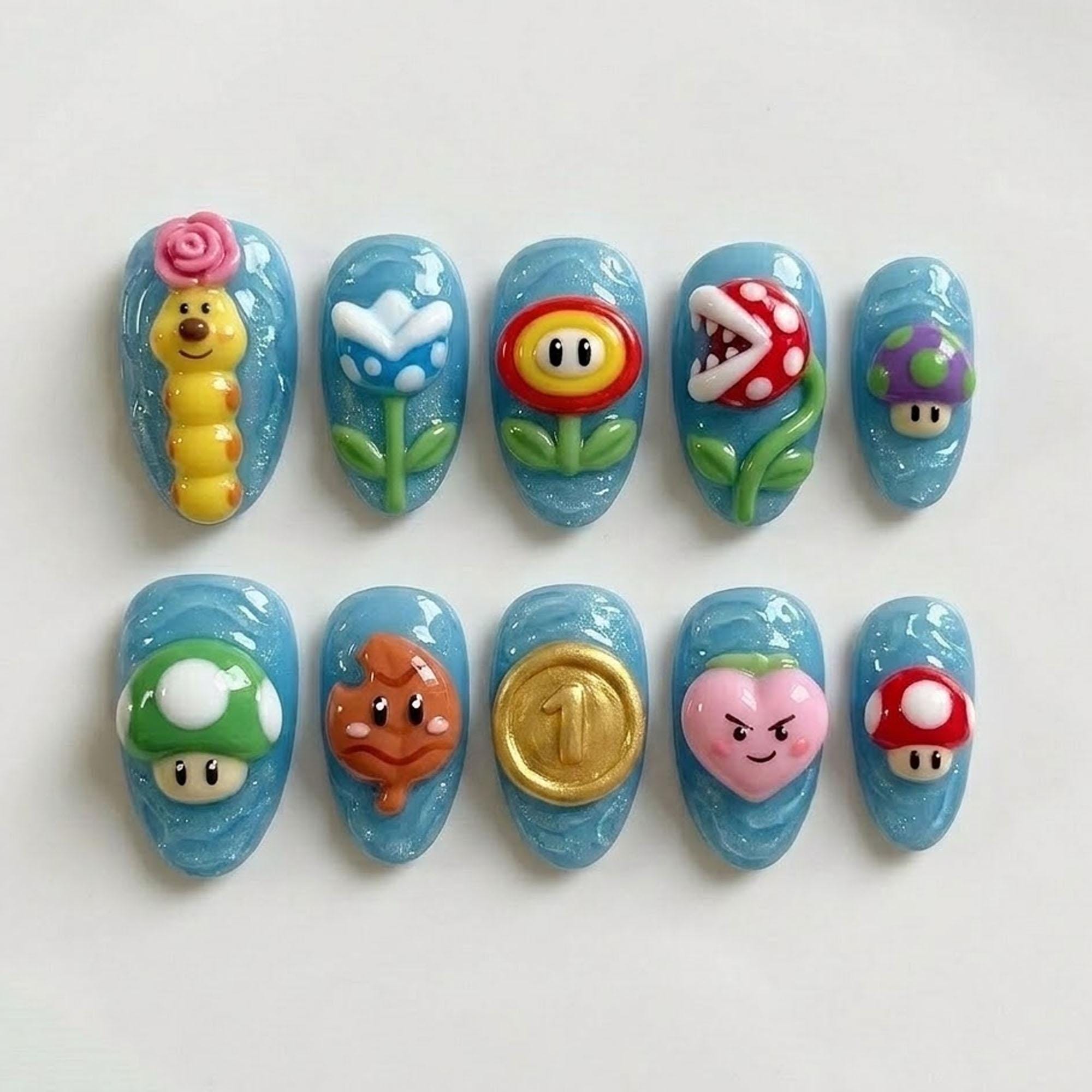 Handmade Kawaii Game Press On Nails Luxury Cute Fantasy Character Nail Art Playful 3D Custom Nails Set