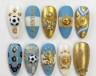 Handmade Argentina World Cup Press On Nails | Gold Trophy & National Team Inspired Art | Luxury Sky Blue Football Set