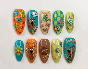 Handmade Scooby Doo Inspired Press On Nails | Luxury Groovy Checker & Paw Print Nail Art | Cartoon Custom Nails Set