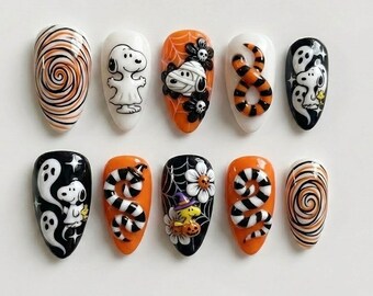 Handmade Snoopy Halloween Press On Nails | 3D Ghost & Candy Cane Art | Black Orange White Spooky Custom Nails