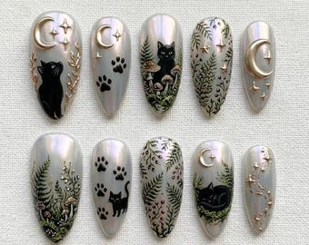 Handmade Moonlit Black Cat Press On Nails | 3D Crescent Moon & Enchanted Forest Art | Luxury Pearl Gray Witchy Almond Set