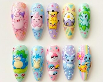 Uñas postizas de Pokémon hechas a mano, diseño 3D de Pikachu, Snorlax y Jigglypuff, uñas postizas de anime pastel, regalo de cosplay para gamer kawaii.