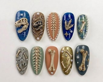 Handmade Dinosaur Fossil Press On Nails | Luxury T-Rex Skull & Bone Nail Art | Jurassic Museum Custom Nails Set
