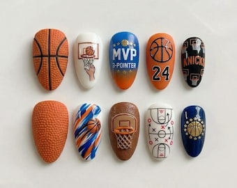 Handmade NBA Basketball Press On Nails | Luxury 3D Court & Hoop Sports Art | Orange Blue MVP Custom Nails Set