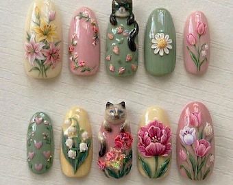 Spring Garden Press On Nails | Hand Painted Floral Cat 3D Design | Cottagecore Nature Nail Art Set