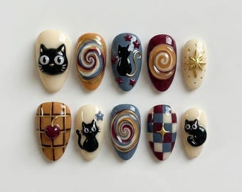 Handmade Retro Black Cat Press On Nails | Luxury Vintage Swirl & Plaid Art | Whimsical Custom Nails Set