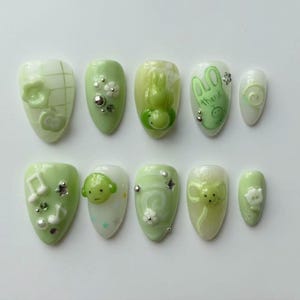 Handmade Kawaii Matcha Press On Nails | Luxury 3D Bunny & Bear Charm Art | Pastel Green Cute Custom Nails Set