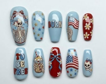 Presse squelette patriotique fait main sur les ongles | Noeud coquette, drapeau des États-Unis et art américain rétro | Lot d'ongles de luxe du 4 juillet