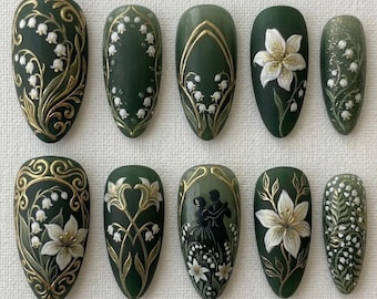 Ongles pressés floraux verts de luxe | Ongles dorés | Ongles élégants vintage | Ongles vert foncé | Ongles peints à la main