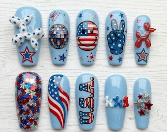 Presse-ongles faite main Americana Party | Ballon en ballon 3D et design pop américain rétro | Ongles de luxe pour le jour de l'indépendance