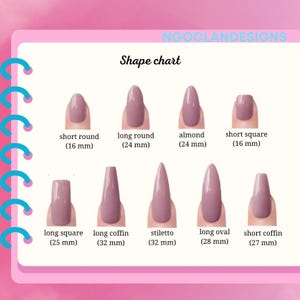 Puede incluir: Un gr&aacute;fico de formas de u&ntilde;as que muestra ocho dise&ntilde;os diferentes: corto redondo, largo redondo, almendra, corto cuadrado, largo cuadrado, ata&uacute;d largo, estileto, largo ovalado y ata&uacute;d corto. Las longitudes se muestran en mm.