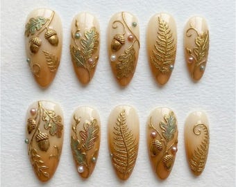 Ongles fait main forêt d'automne | Feuilles de chêne 3D, glands et détails de perles | Lot d'ongles de luxe Woodland Nature