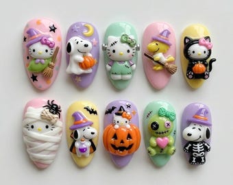 Handmade Halloween Press On Nails | 3D Hello Kitty & Snoopy Character Art | Cute Pastel Spooky Custom Nails Set
