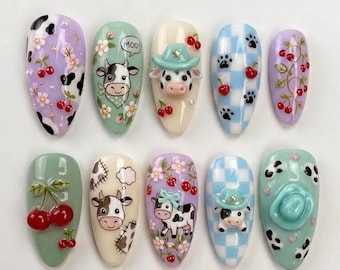 Uñas postizas hechas a mano con diseño de vaquera cereza / Arte 3D de animales de granja en tonos pastel / Set de uñas personalizadas con diseño del Oeste americano