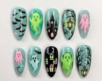 Handmade Cute Ghost Press On Nails | Luxury 3D Haunted Castle, Floating Ghost & Lantern Art | Pastel Halloween Custom Nails