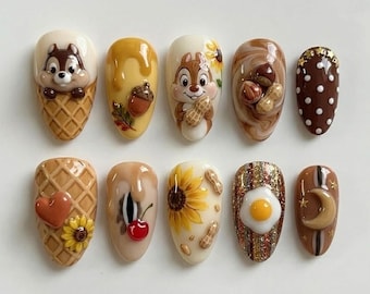 Uñas postizas hechas a mano con diseño de ardilla listada otoñal / Arte de lujo con bellotas, girasoles y cacahuetes / Set de uñas personalizadas acogedoras para otoño