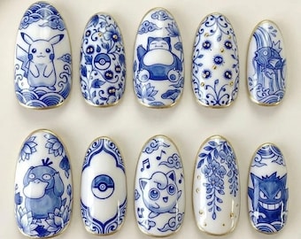 Presse Porcelaine Pokemon Sur Ongles | Ensemble d'ongles Snorlax Gengar bleu blanc en céramique et style anime Pikachu