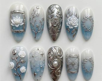 Presse-ongles bleu victorien fait main | Art 3D en filigrane rose et argent | Ensemble d'ongles de luxe bleu glacier élégant