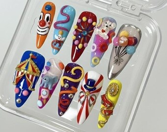 Presse-ongles fait main cirque carnaval, art 3D éléphant tente clown, parc d'attractions coloré faux ongles, cadeau de fête d'anniversaire amusant