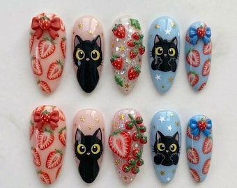 Presse faite main de chat de Kawaii sur les ongles | Noeud fraise et oeuvre d'art mignonne de chaton noir | Set d'ongles rose pastel bleu amande