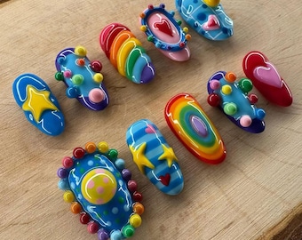 Handmade Rainbow Pop Bubble Press On Nails | 3D Star & Heart Design | Colorful Y2K Toycore Nail Set