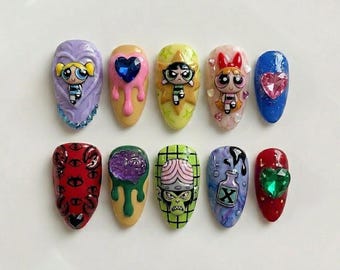 Handmade Powerpuff Girls Press On Nails | Luxury 3D Blossom Bubbles & Buttercup Art | Kawaii Glitter Heart Custom Nails Set