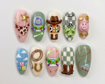 Handmade Toy Story Inspired Press On Nails | Luxury Western & Space Toy Nail Art | Kawaii Custom Nails Set